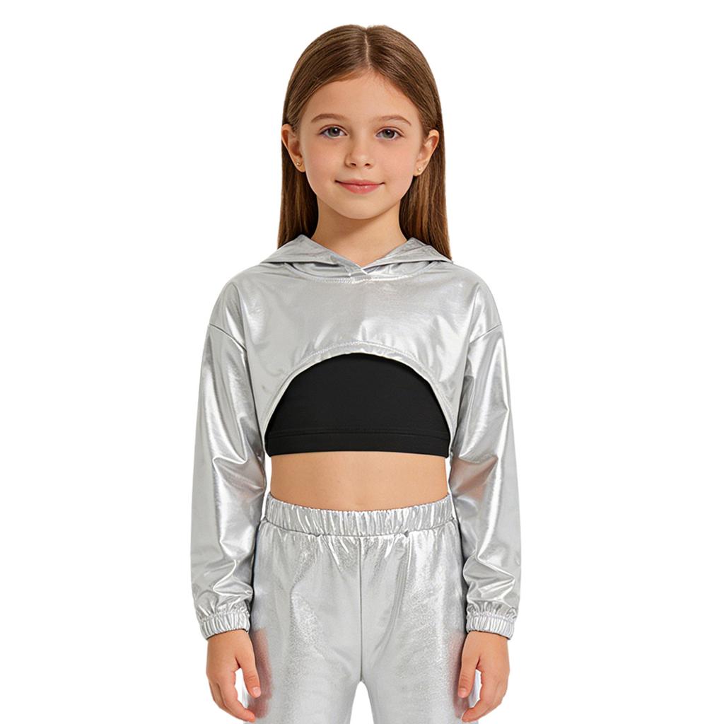Худи для девочек в уличном стиле для танцев: Блестящий металлический укороченный топ с асимметричным подолом и длинными рукавами для соревнований