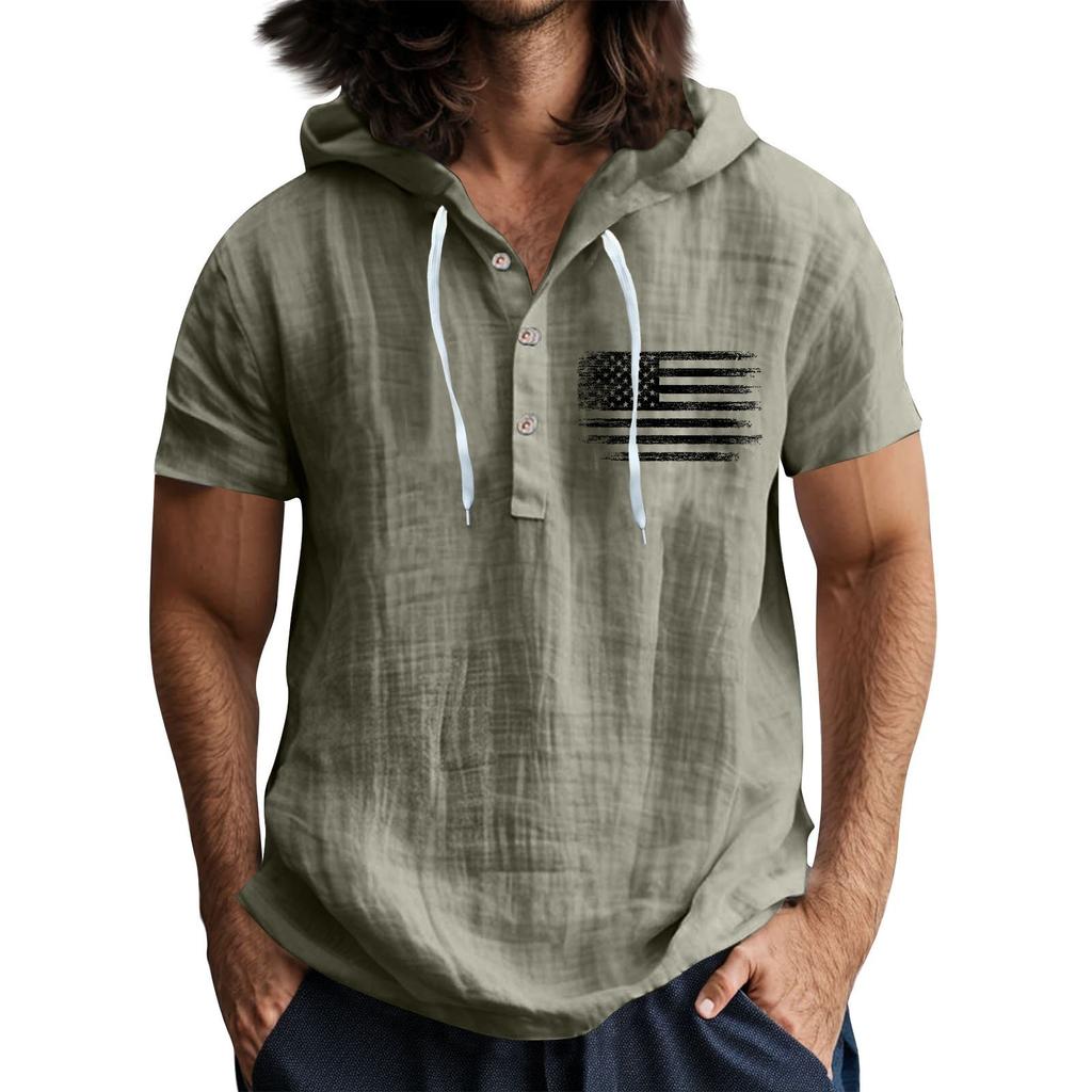 Мужская повседневная футболка с короткими рукавами, капюшоном и открытым воротом на пуговицах