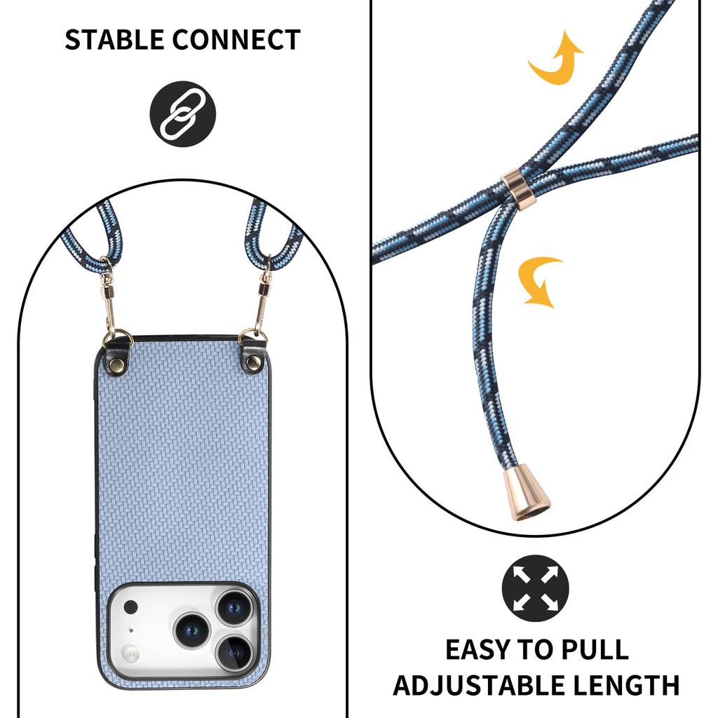 For iPhone 17 Pro Case Carbon Fiber Texture PU+PC+TPU Anti Drop Phone Cover with Crossbody Lanyard