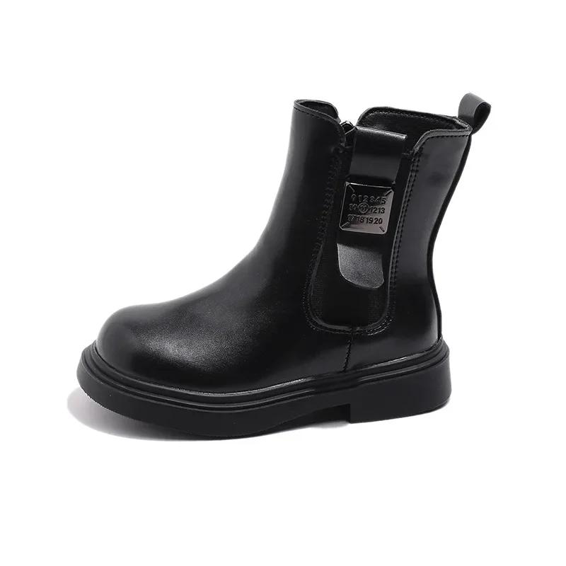 2024 Детская кожаная обувь для девочек осень-зима Новые модные британские ботинки с мягкой подошвой, нескользящие, универсальные короткие ботинки