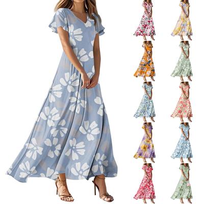 Женские летние платья Повседневный сарафан Свободные платья с V-образным вырезом и струящимися оборками с короткими рукавами
