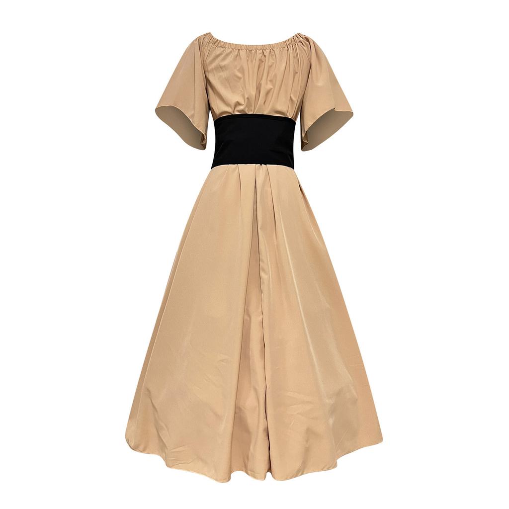 Women's Round Neck Dress Flare Sleeve Off Shoulder Medieval Vintage Dresses with Corset Patchwork Ball Gown