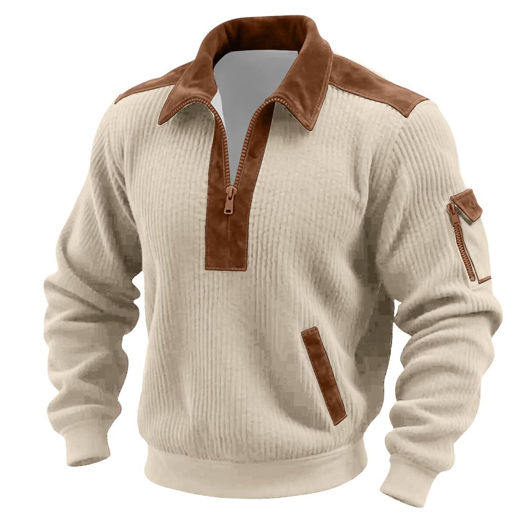 Мужской однотонный вельветовый топ с длинным рукавом и застежкой-молнией на горловине, мужской повседневный топ с лацканами