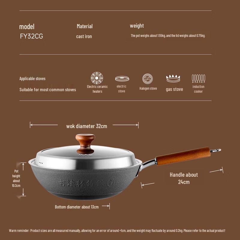 COOKER KING Traditional Lightweight Cast Iron Wok, 32cm