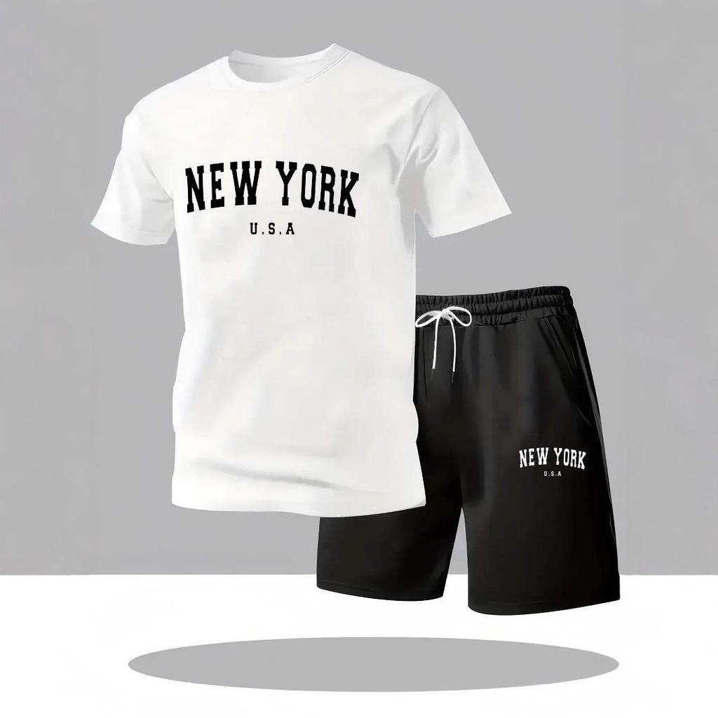 Men's Plus Size Summer Fitness T-shirt & Shorts Set - Round Neck, Casual Sportswear