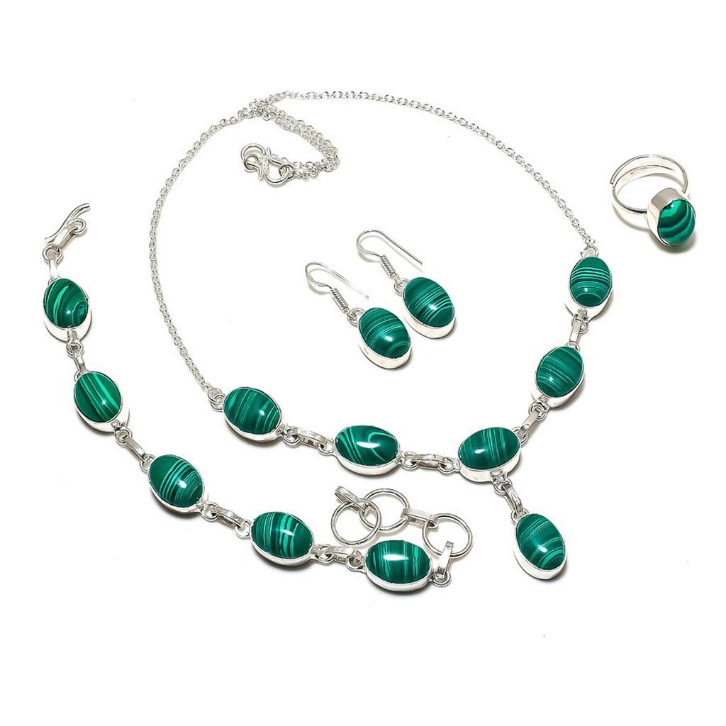 Malachite Oval Shape Gemstone Jewelry Set Unique Necklace Bracelet Ring Earrings