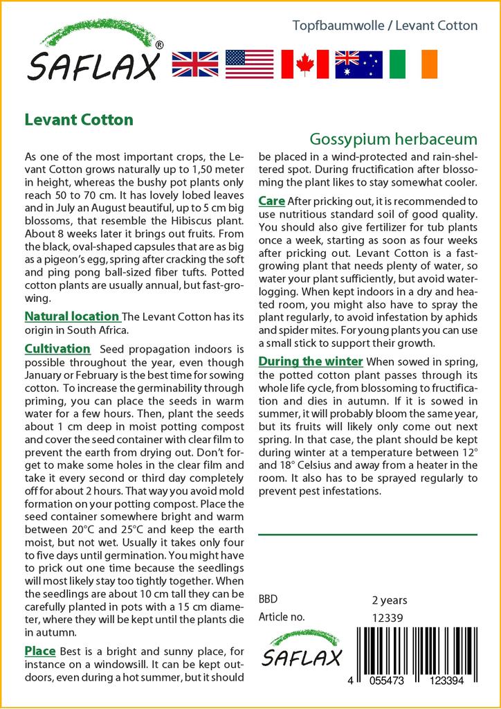 SAFLAX Хлопок Левантийский - 12 семян - Gossypium herbaceum