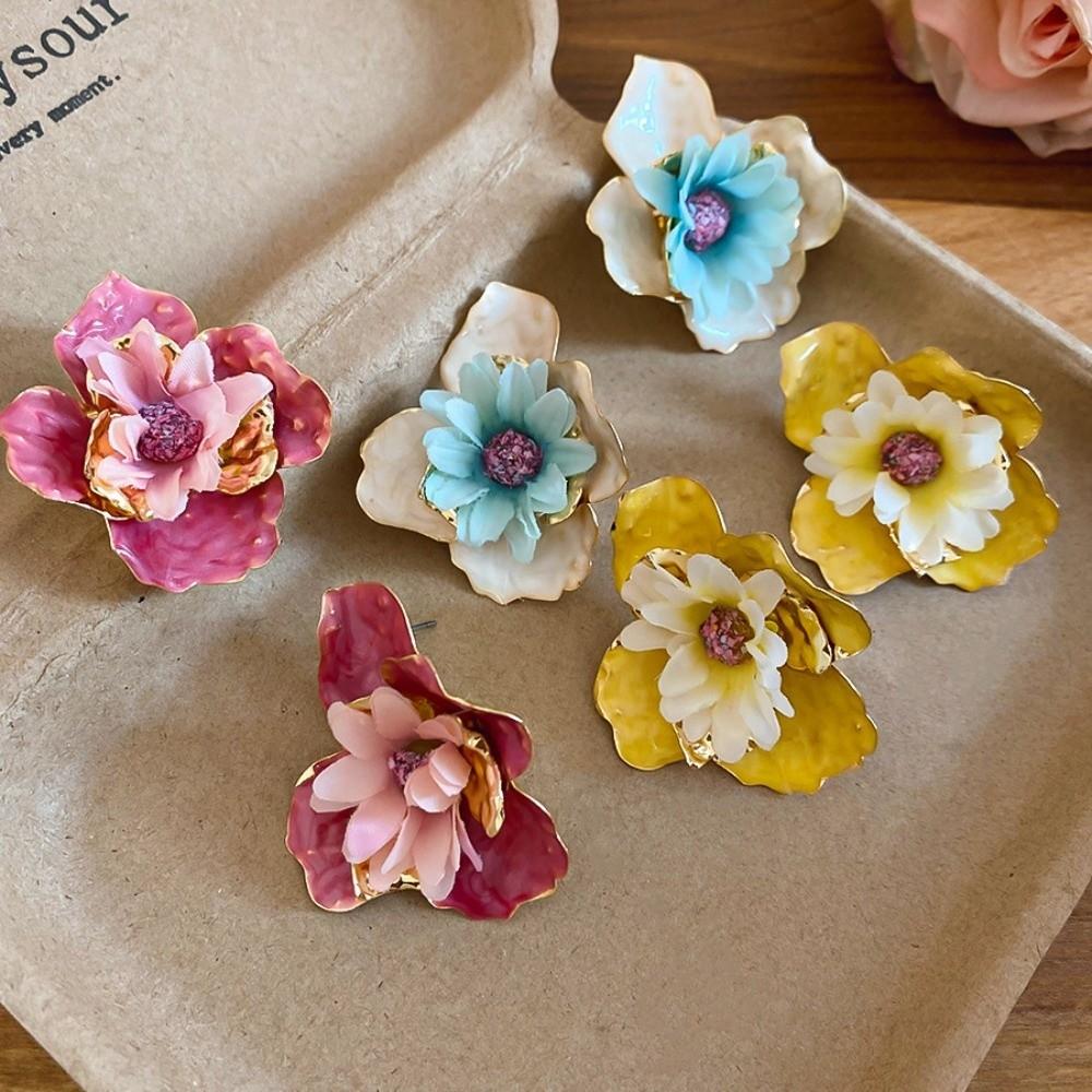 Oil Drip Colorful Flower Earrings Korean Style Floral Ear Studs Exaggerated Ear Pendant Women