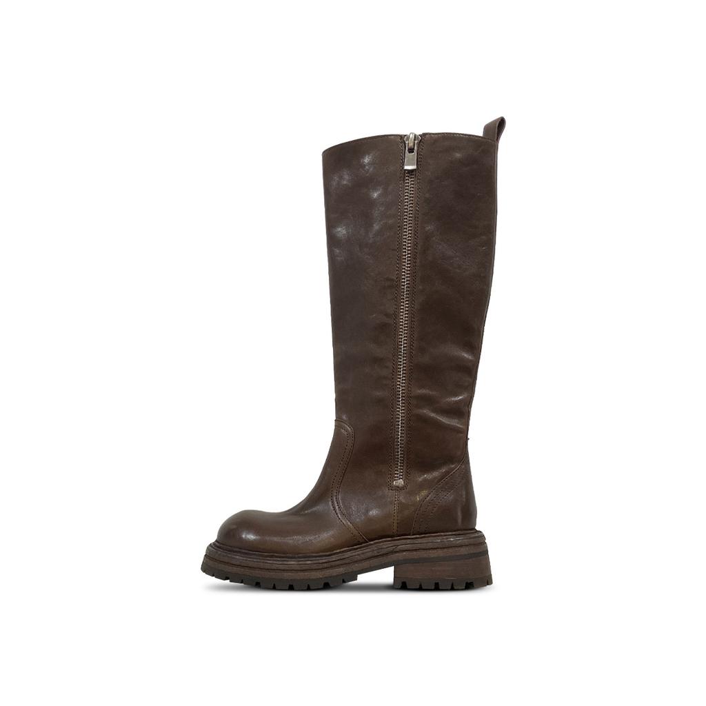 Вымытая лошадиная кожа~ кожаные высокие сапоги длинные сапоги женские осенне-зимние полные мм толстые ноги на высокой толстой подошве черные сапоги рыцаря