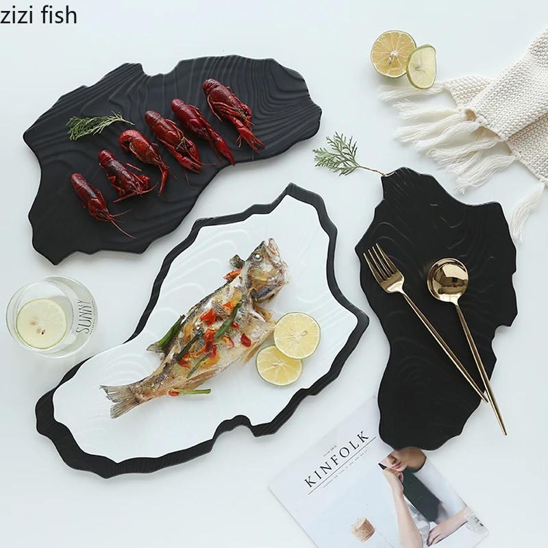 Irregular Stone Patterned Flat Plate Ceramic Dessert Cake Dish Fish Plate Snack Dish Steak Plate Artistic Conception Tableware
