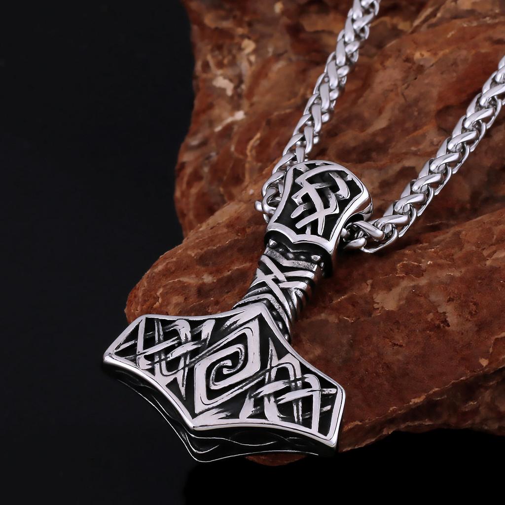 Nordic Mythology Odin Thor Hammer Pendant Men Stainless Steel Rune Amulet Necklace Slavic Warrior Weapon Jewelry Gift
