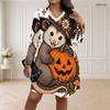 Women Plus Size V Neck Long Sleeve Halloween Sloth Printed Loose Curved Hem Dress