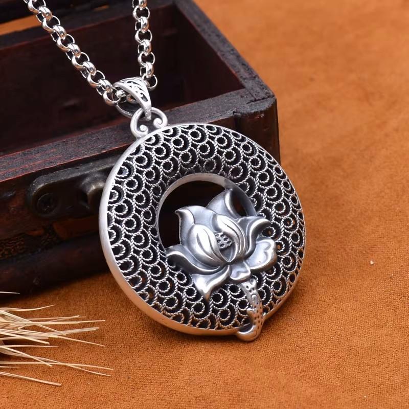 Classic Lotus Lucky Buckle Pendant For Women Jewelry Trendy 925 Silver Sweater Chain Long Necklace Retro Ethnic Men Necklace