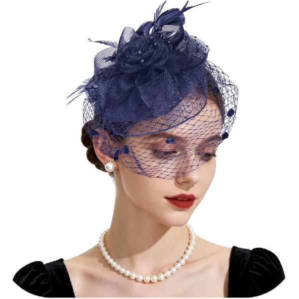 Шляпки-fascinator для женщин Шляпа для чаепития Цветочная сетка Перья Повязка на голову Винтажный коктейльный головной убор с вуалью