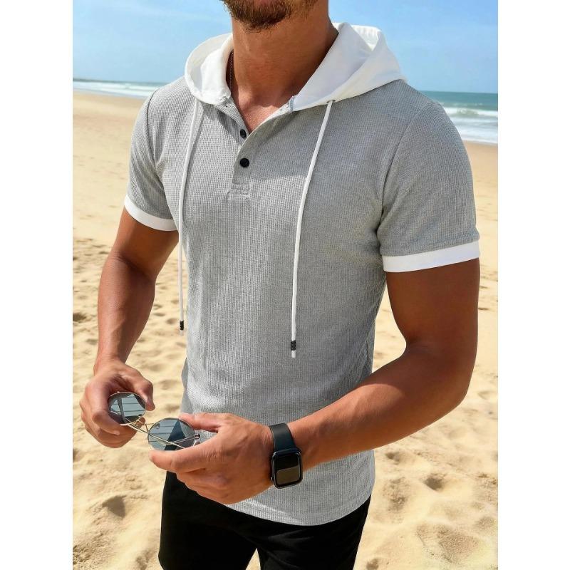 Мужская белая вафельная футболка-henley с капюшоном и коротким рукавом