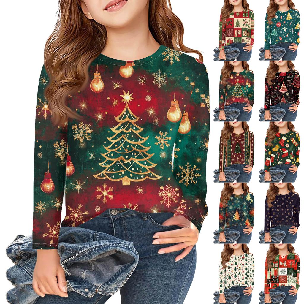 Christmas Day Girls Long Sleeve T Shirts Kids Fall Tops Crewneck Printed Basic Tees
