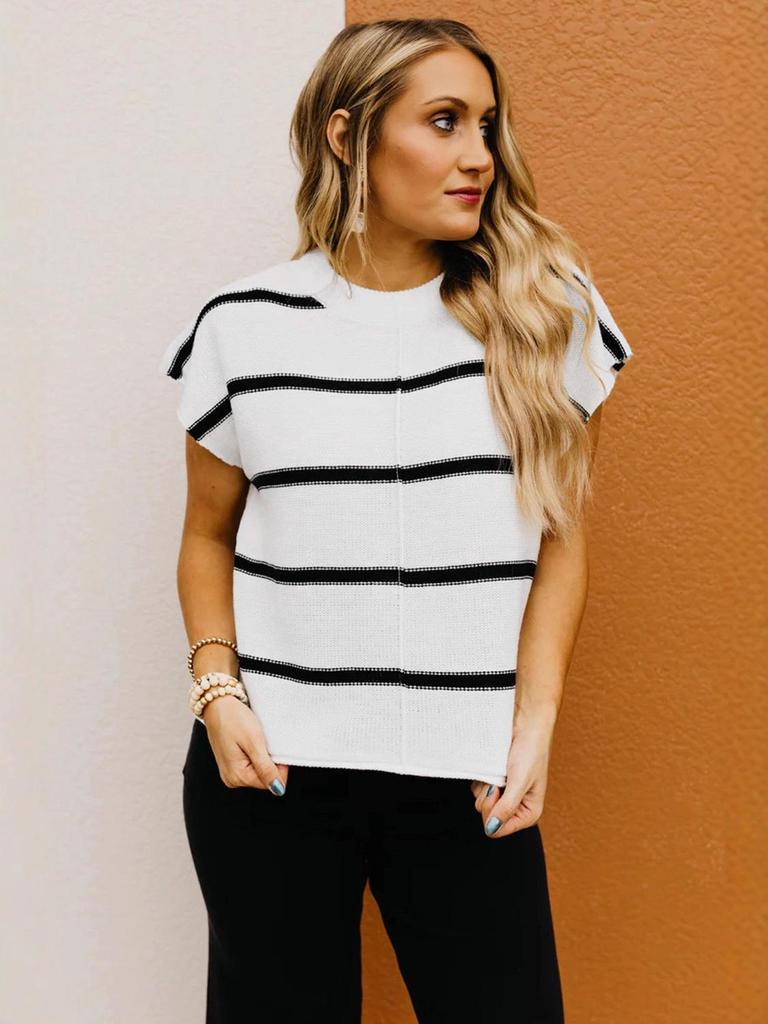 Women's Short-Sleeve Striped Pullover Sweater - Casual & Versatile European/American Style