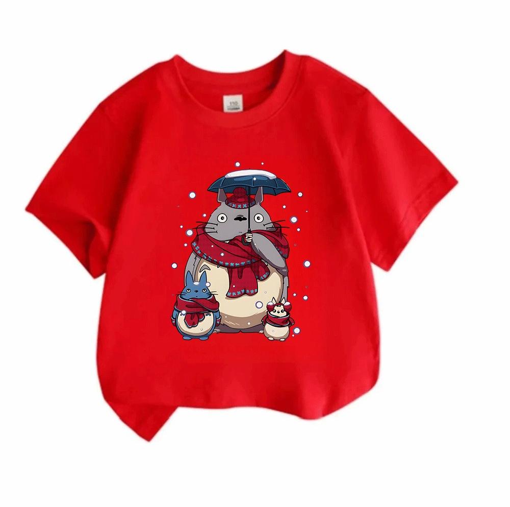 Kids Boys Girls 100% Cotton O-neck Short Sleeve T-shirt, Cute Winter Snow Totoro Family Print Casual Soft Pullover Tee for Daily Wear Holiday Gift