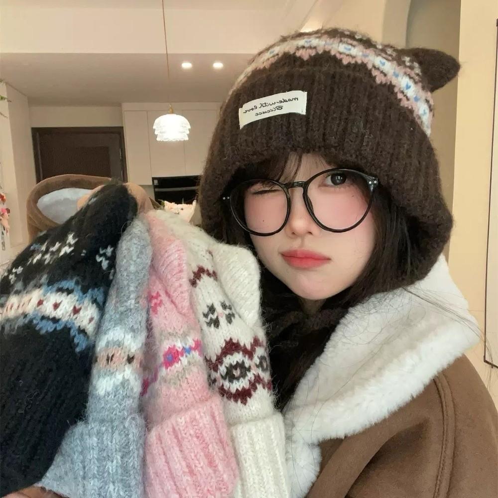 Cat Ear Strap Beanie Hat Windproof Winter Pullover Hat Casual Knitted Woolen Cap for Women Girls