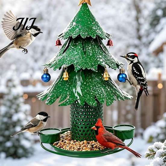Wild Bird Feeder with Drinking Cups Christmas Tree for Outdoor, Metal Hanging 2 All Weather Rust Proof Water Cups, Green Xmas Seeds Tray Garden Patio