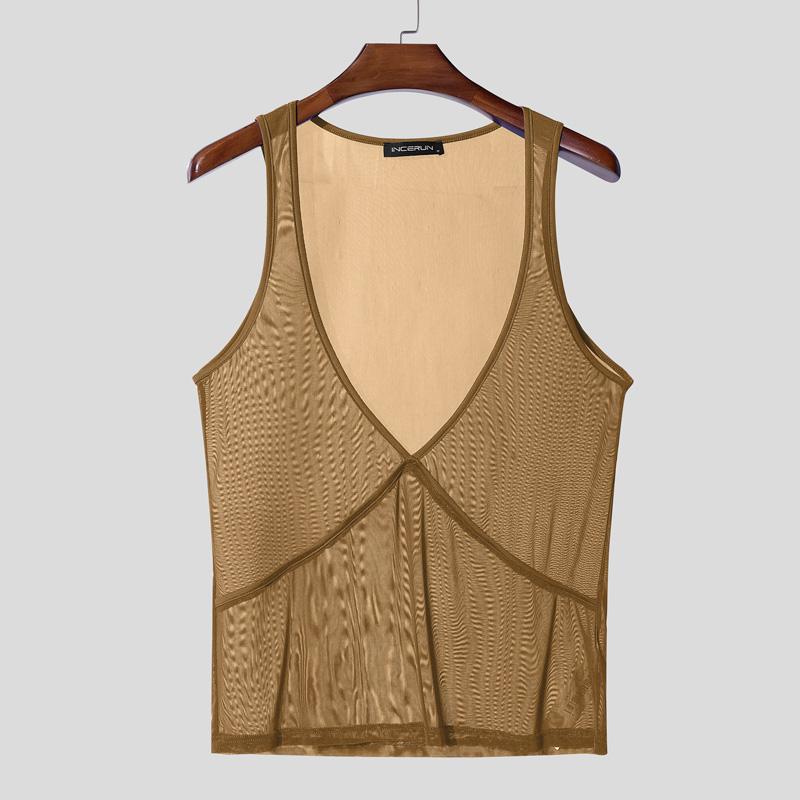 INCERUN Мужские майки без рукавов с глубоким V-образным вырезом, прозрачные сетчатые