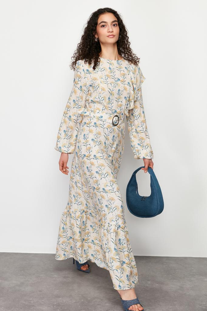 Women's Hijab Dress New Season Fashion Stone Floral Lined Ruffle Detailed Belted Woven Dress