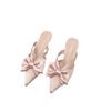 Fairy Wind Pink Sandals Spring and Summer 2024 French Pointed Bow Hollow High Heel Half Bag Head Slippers