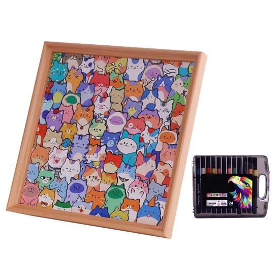 Cartoon Cat Wooden Coloring Puzzle Kit with Photo Frame Marker Pens DIY Hand-Painted Irregular Jigsaw Puzzle Toy Decoration Ornament