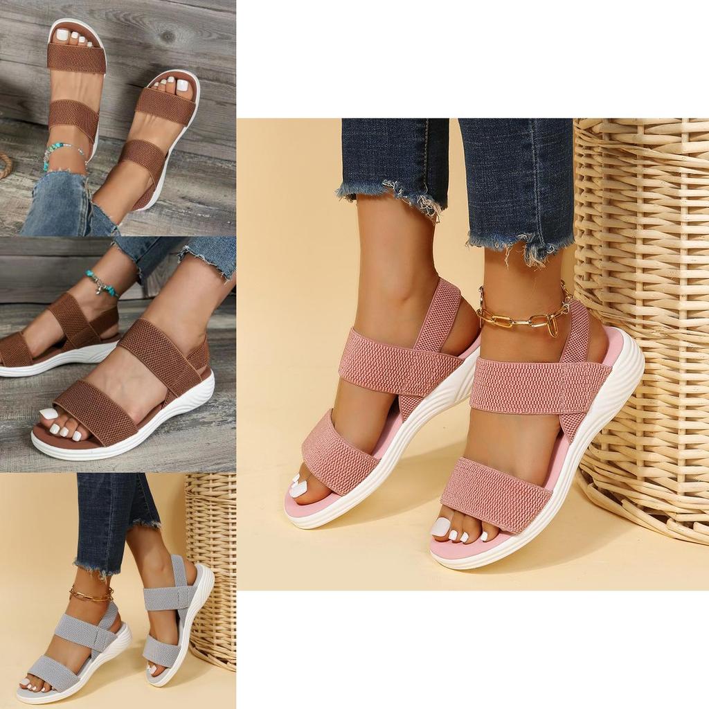 Summer Large Size Women's Shoes Casual Elastic Flat Sandals With Back Strap Fly Knitted Polyurethane Characters)