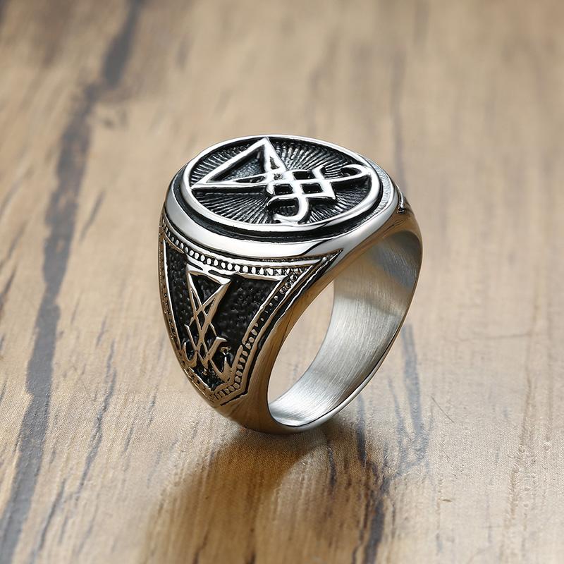 Vintage Coppercolor Signet Sigil Of Lucifer Ring For Men Seal Of Satan Male Jewelry