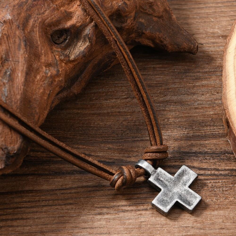 Handmade Craft Rope Leather Necklace Simple Braided Cross Necklace Cross Pendant Necklace  Gifts