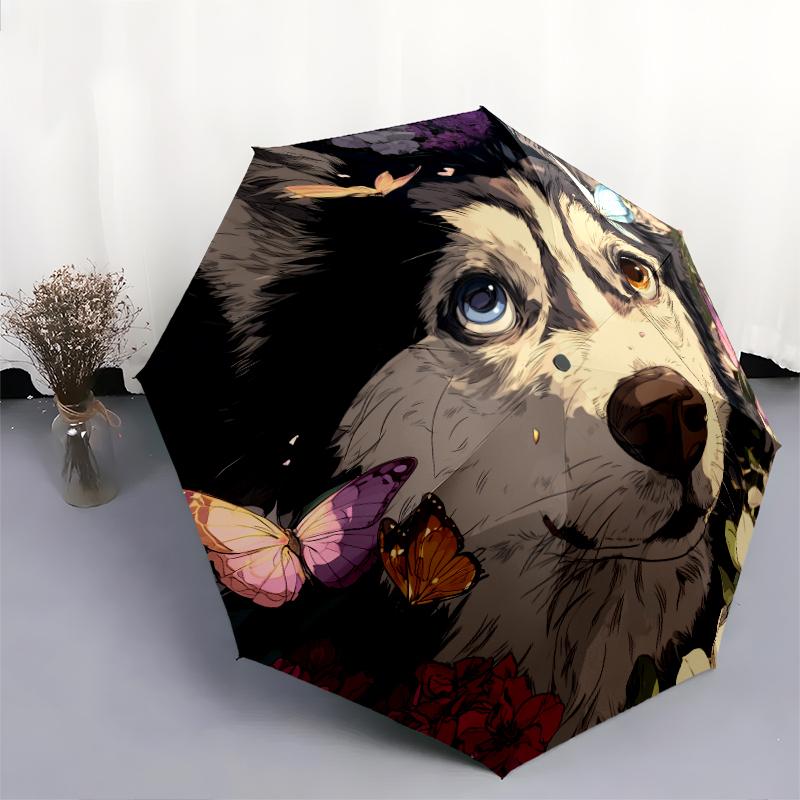 Husky pattern, automatic folding umbrella, portable and foldable design, 8 ribs, a Christmas or birthday gift.
