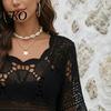 Spring Autumn Layering Top Women Crochet Tops, Round Neck 3/4 Flared Sleeves Cover Up, Hollow Lightweight Knit Blouse Sun Protection