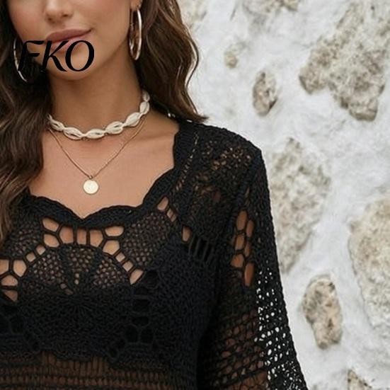 Spring Autumn Layering Top Women Crochet Tops, Round Neck 3/4 Flared Sleeves Cover Up, Hollow Lightweight Knit Blouse Sun Protection