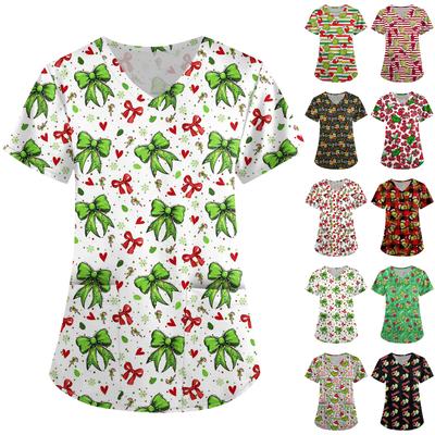 Большой размер Принтованный скраб Рабочая униформа Топы для женских V-образный вырез с запахом Принт Короткий рукав Веселые футболки Рабочая одежда Футболка с карманами