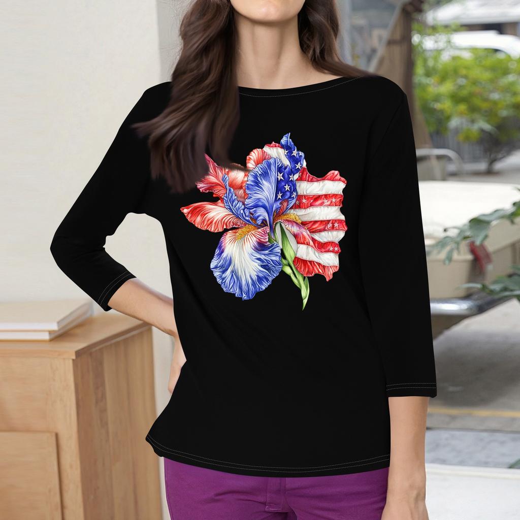 3/4 Sleeve Tops For Women T-Shirt Casual Print Tops T Shirt Round Neck Pullover Blouse