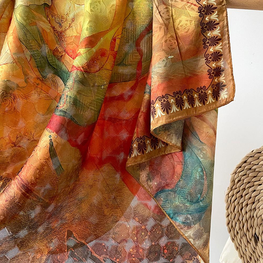 New Spring Style Big Square Scarf Light Luxury Fashionable Silk Scarf for Women Versatile Dunhuang Feitian Thin Printed Sunscreen Scarf