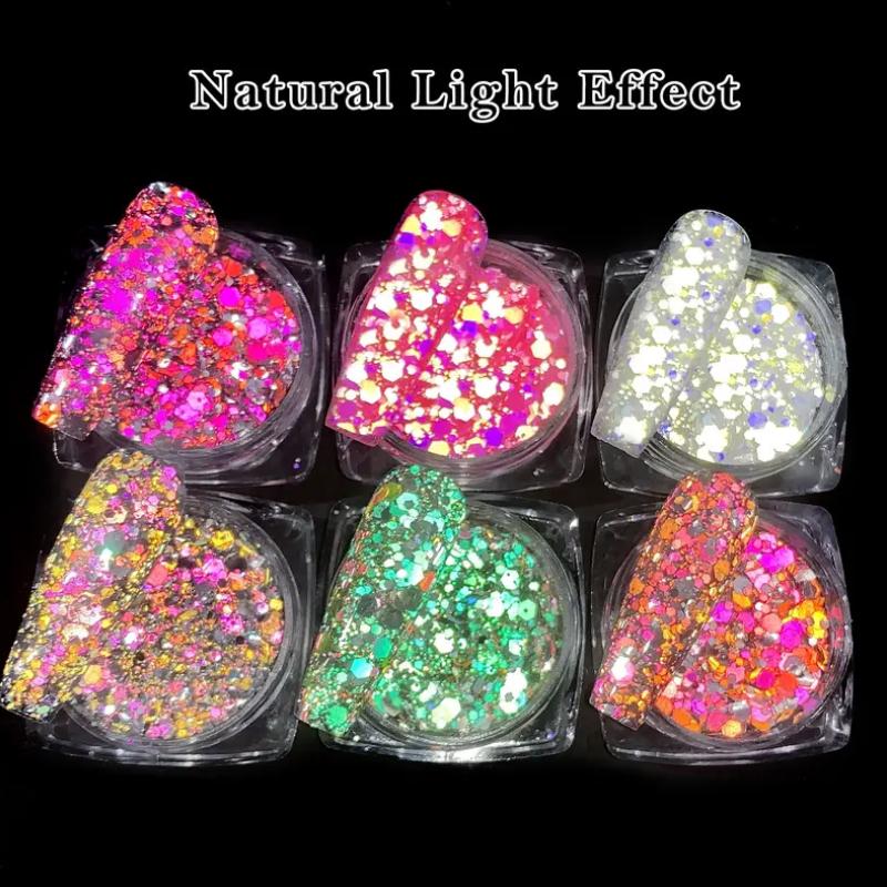 6 цветов, светоотражающие блестки для ногтей, двойной эффект, вспышка, блестящая пудра, блестки, супер блестящие украшения для дизайна ногтей