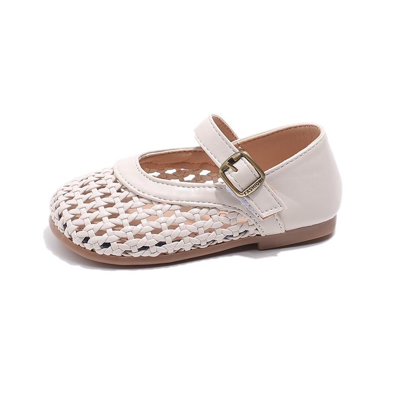 Girls' leather shoes, woven and hollowed-out design, princess-style children's shoes, woven beach sandals, soft-soled baby shoes, girls' closed-toe