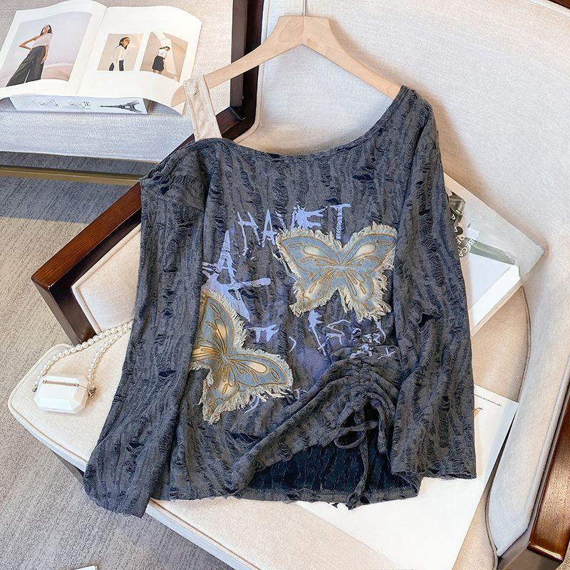 Butterfly Hole Breaking Design Top Long Sleeve Shoulder Leakage Women's T-shirt Korean Fashion Drawstring Lady Pullover
