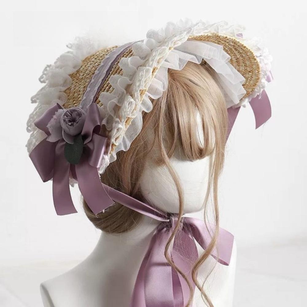 Лолита боннет с плоским верхом, пасторальный стиль, бант, лента, цветочная шляпка, мягкая лолита, соломенная шляпа, пляжный отдых