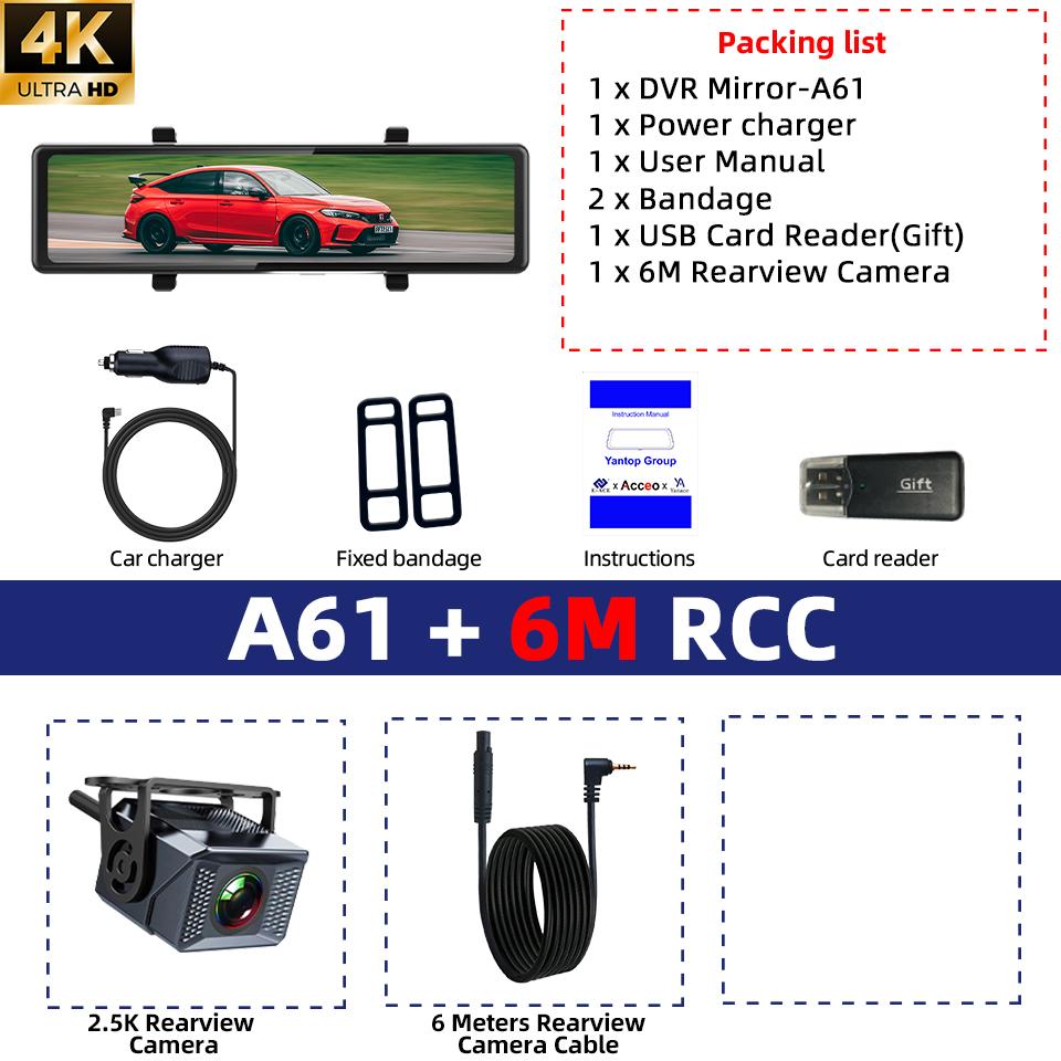 E-ACE 4K Dashcam Mirror 12 Inch Car Video Recorder Support 2.5K Waterproof Rear Camera ADAS WIFI GPS Black Box Dash Cam