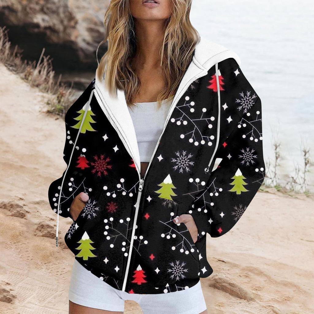 Женская мода повседневная рождественская печатная толстовка и зимняя длинная куртка с карманом кардиган куртка с капюшоном пальто