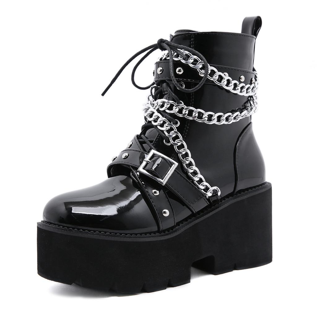 Chunky Heel Knight Boots Women's New Platform Punk Style Comfortable Chain Decoration Thick Sole Mid Length Women's Boots 2024