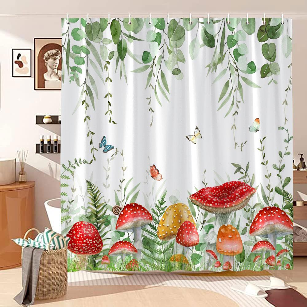 Mushroom Shower Curtain Retro Butterfly Floral Boho Moon Botanical Wildflowers Green Plant Aesthetic Bath Curtain Bathroom Decor