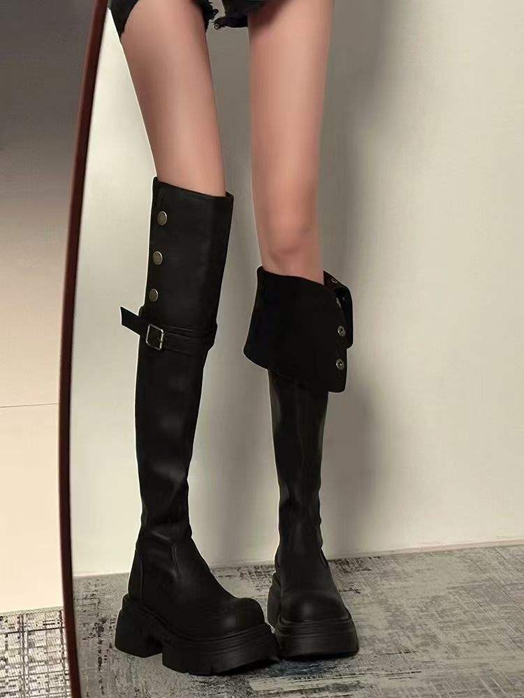 Складные бархатные сапоги женские маленькие рыцарские высокие сапоги 2025 осень и зима новая толстая подошва инс двойного ношения сапоги до колена