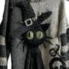 Halloween Spooky Face Sweater for Women Patchwork Print Knit Sweater Top Long Sleeve Crewneck Stitched Fall Outfit