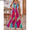 MODIQUE 2025 Summer Plus Size New Women's Sexy Casual Colorful Printing Sleeveless Slip Long Dress Ladies A-Line Folk Hot Dress