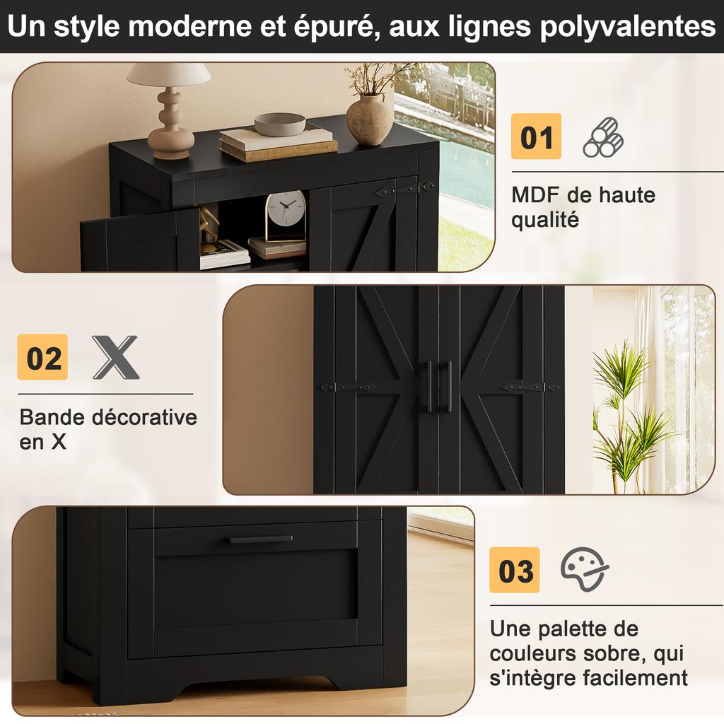 Kitchen cabinet in country style, with 2 drawers and adjustable shelves, suitable as storage furniture for kitchen, dining room and living room, black