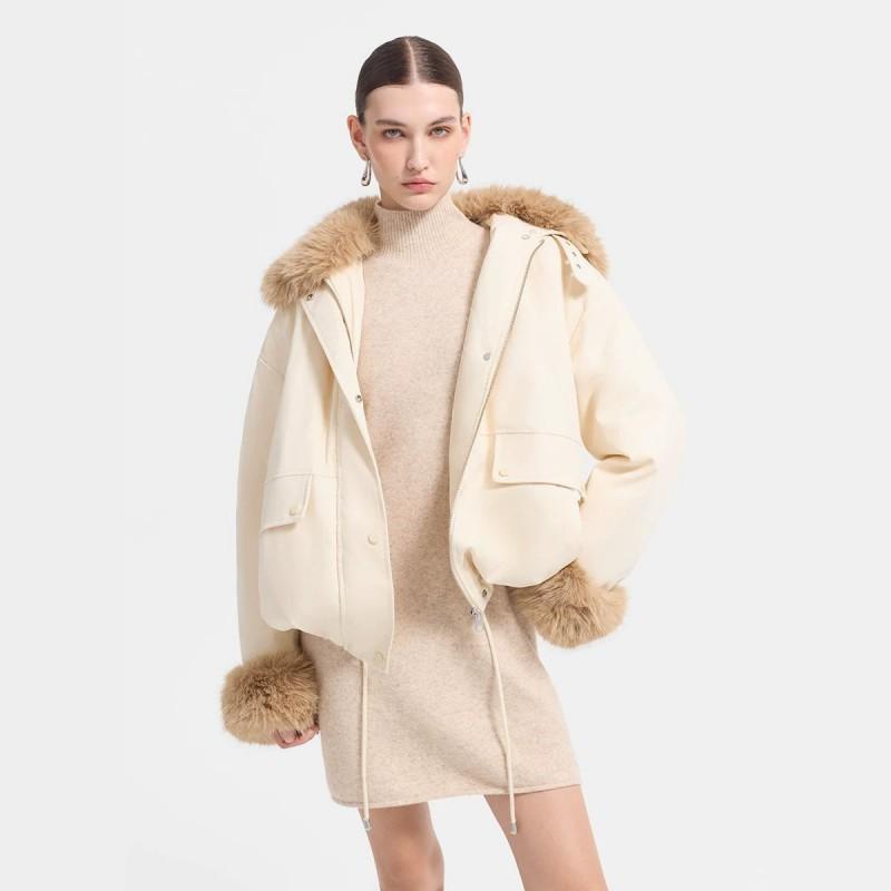 Womens Detachable Faux Fur Collar Cargo Parka Short Puffer Coat Drawstring Waist Warm Winter Jacket